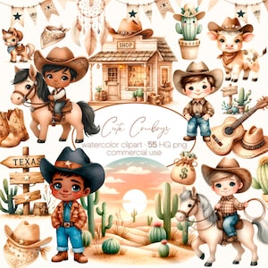Clipart de vaquero bebé, clipart de vaquero lindo, vaquero marrón PNG, caballo bebé, vaquero PNG, botas de vaquero, clipart del oeste, baby shower