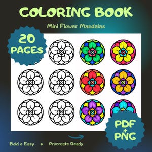May include: A digital colouring book titled Colouring Book Mini Flower Mandalas featuring 20 pages of circular floral designs. The layout includes black and white line art alongside coloured examples in green, yellow, red, orange, purple, and blue.
