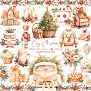 Clipart aquarelle de Noël confortable, clipart vacances festives, décoration de Noël, art hivernal, LICENCE COMMERCIALE INCLUS