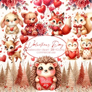 Clipart aquarelle de la Saint-Valentin, bébés animaux aquarelles, animaux de la forêt mignons le jour de la Saint-Valentin, clipart romantique, animal de la forêt
