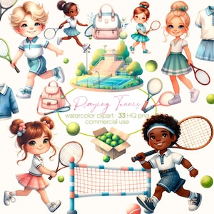 Kinder spielen Tennis Sport Clipart Bundle, Kawaii Tennis Kinder, Sport PNG, niedliches Tennis, Mädchen Tennis, Jungen spielen Sport