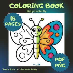 Könnte beinhalten: Ein Malbuch mit dem Titel "COLORING BOOK" und dem Untertitel "Baby butterfly". Das Bild zeigt eine farbenfrohe Schmetterlingsillustration, wobei eine Seite farbig und die andere zum Ausmalen umrandet ist. Enthält den Text "15 PAGES", "PDF + PNG", "Bold & Easy" und "Procreate Ready".