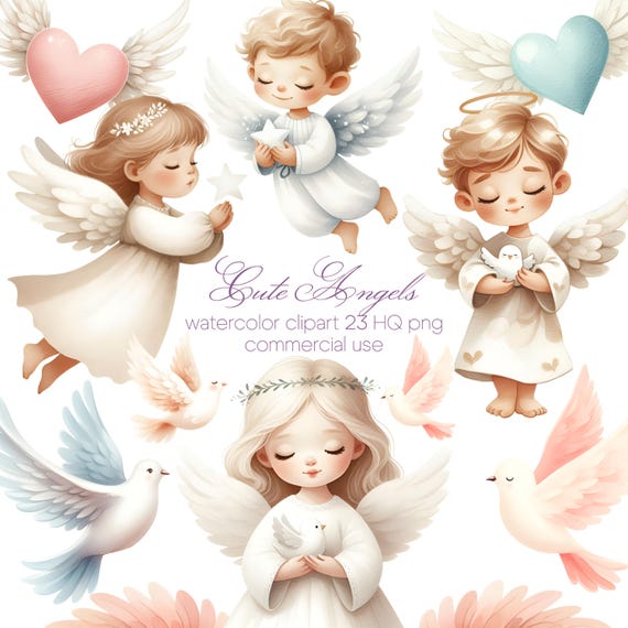 Cute Angel Clipart, Watercolor Angel PNG, Baby Angels with Wings & Doves, Christian Christmas Clip Art