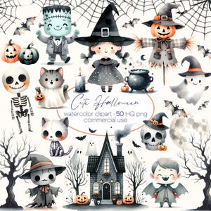 Leuke Halloween aquarel clipartbundel, pompoen clipart, Halloween decoratie, spook, mummie, heks clipart, zwarte kat, kinderen Halloween, png PNGEgg
