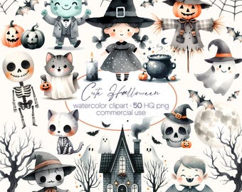 Cute Halloween Watercolor Clipart Bundle, Pumpkin Clipart, Halloween Decoration, Ghost, Mummy, Witch Clipart, Black Cat, Kids Halloween PNG