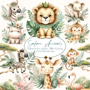 Acquerello Safari PNG, Clipart di animali da safari Acquerello, safari nella giungla PNG, cuccioli di animali da safari PNG, baby shower, simpatici animali PNG