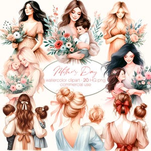 Clipart aquarelle fête des mères, élégantes illustrations florales mère et enfant, usage Commercial