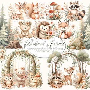 Boho Woodland Animals Clipart Watercolor Bundle, watercolor animals clipart, Fox Bear Deer Owl Bunny Raccoon Squirrel, nursery decoration