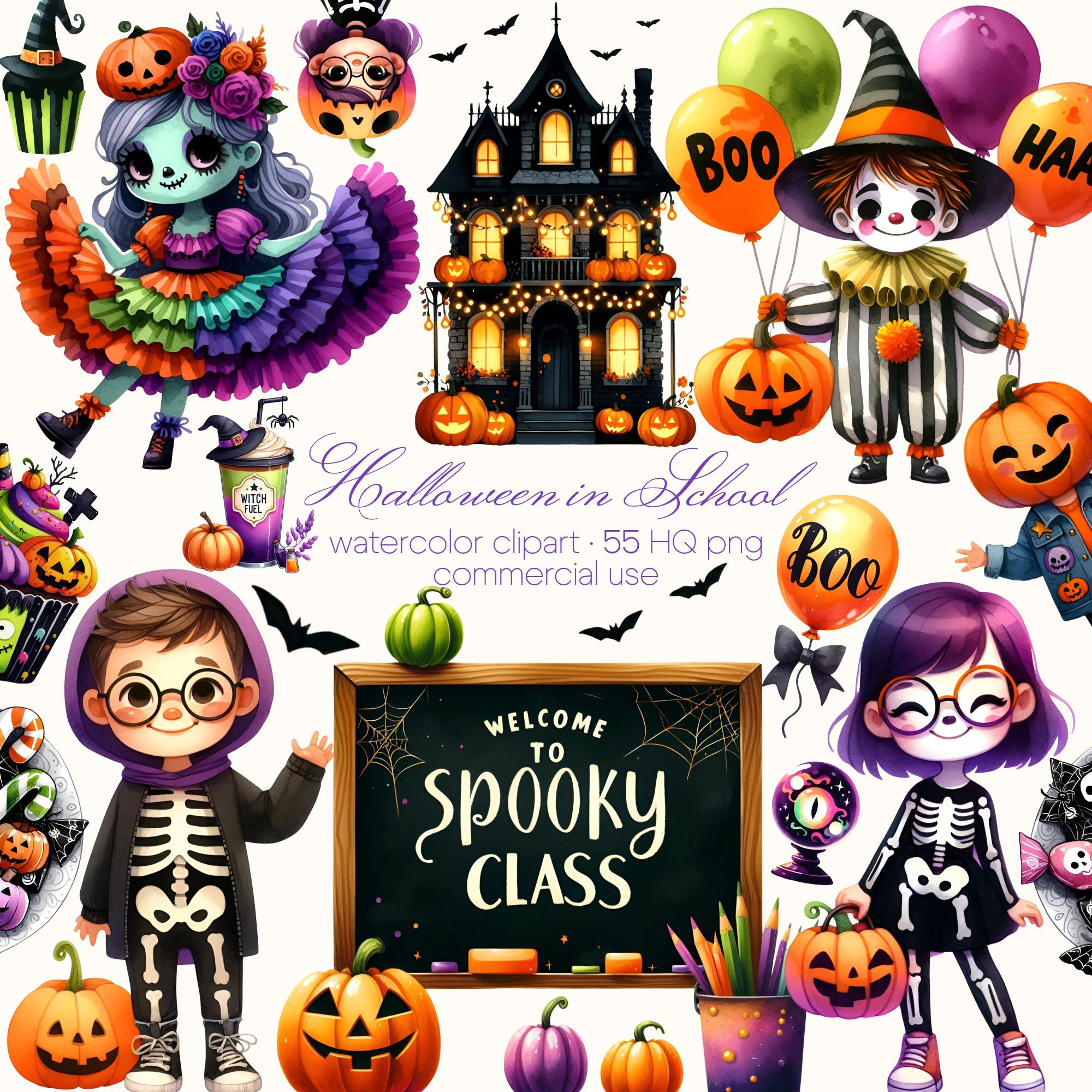 Halloween School Clipart Bundle, Halloween Kids Clipart, Spooky Classroom Decor, Trick or Treat Clipart, Cute Halloween PNG