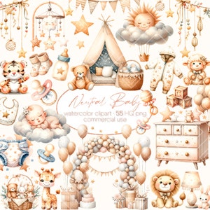 Shower de bébé neutre entre les sexes, Clipart chambre d'enfant, ours en peluche PNG, animal mignon, aquarelle Boho, Clipart bébé Boho, nouveau-né enfant Boho