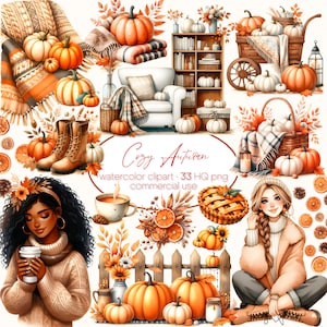 Pacote de clipart aconchegante de outono, Pacote de clipart quente de outono, Clipart de abóbora, Clipart de aquarela de outono, Clipart de suéter e guarda-chuva, Flores de outono