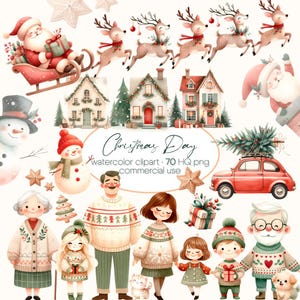 Clipart fofo de dia de Natal, Doce família de Natal, Papai Noel fofo, Clipart de aquarela, PNG de berçário, Clipart de Natal