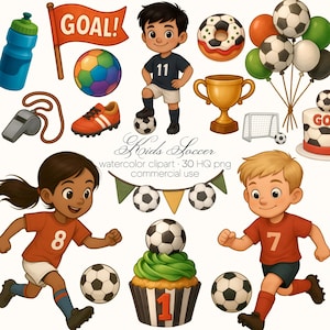 Soccer Clipart Bundle, Watercolor Clipart, Kids, Trophy, Equipment, Watercolor Football PNG, Sports Clipart, Jersey, Boots, Ball