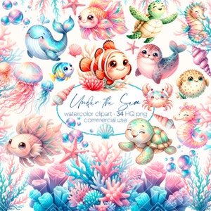 Onderzeese aquarel clipartbundel, schattige oceaandieren png, babyshower, decor kinderkamer, babymuurkunst, octopus kwal walvis zeepaardje