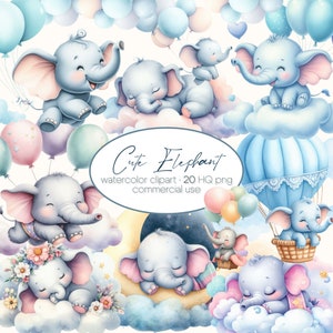 Watercolor Elephant, Baby Elephant Clipart, Baby Elephant with Balloons Png, Baby Shower Clipart, Elephant Illustrations, Elephant PNG