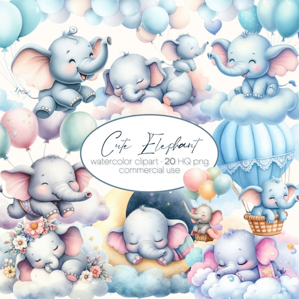 Watercolor Elephant, Baby Elephant Clipart, Baby Elephant with Balloons Png, Baby Shower Clipart, Elephant Illustrations, Elephant PNG