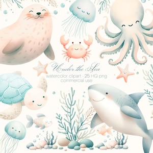 Clipart oceano, simpatici animali marini, simpatici animali dell'oceano, sotto il mare, cuccioli di animali marini, asilo nido per animali, baby shower a tema oceano