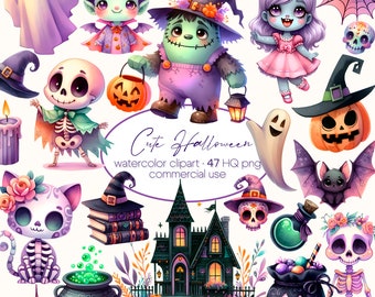 Cute Halloween Watercolor Clipart Bundle, Pumpkin Clipart, Halloween Decoration, Ghost, Mummy, Witch Clipart, Black Cat, Kids Halloween PNG