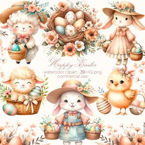 Imágenes prediseñadas de conejito vintage, acuarela linda casa de campo de Pascua, imágenes prediseñadas de primavera, canasta de Pascua PNG, imágenes prediseñadas de feliz Pascua