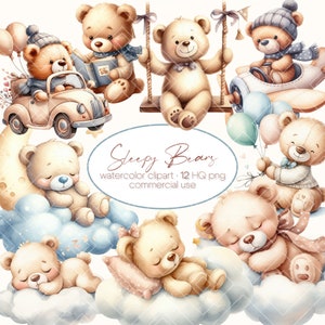Aquarel teddybeer clipart, slapende teddyberen, blauwe teddybeer, boho teddybeer clipart, baby shower clipart, schattige teddybeer maan