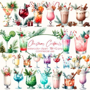 Pacchetto Clipart Cocktail di Natale ad acquerello, Menu del bar, Clipart di alcolici, Clipart di bevande natalizie PNG, Clipart di biglietti di Natale