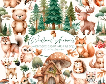 Clipart animaux de la forêt mignons, clipart animaux de la forêt, décoration de chambre d'enfant, forêt des cliparts, cliparts baby shower des bois, ours renard hibou