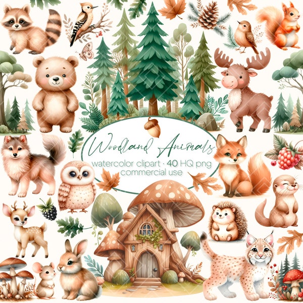 Clipart animaux de la forêt mignons, clipart animaux de la forêt, décoration de chambre d'enfant, forêt des cliparts, cliparts baby shower des bois, ours renard hibou