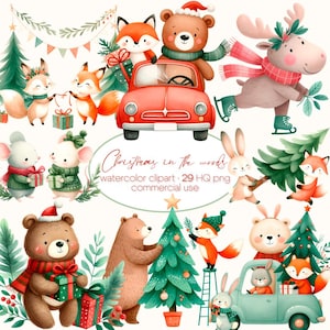 Weihnachten Waldtiere Clipart, Weihnachten Im Wald Clipart, Aquarell Tiere Clipart, Niedliche Weihnachts Clipart, Fuchs Bär Häschen