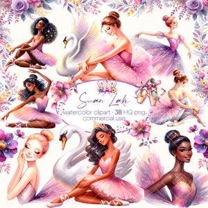 Clipart di ballerina ad acquerello: Immagini PNG del lago dei cigni (download digitale)