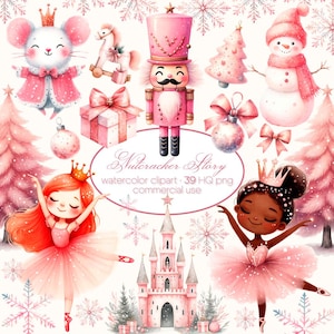 História do quebra-nozes aquarela clipart, bailarina de natal e decoração de feriado, clipart de natal rosa, natal fofo, uso comercial