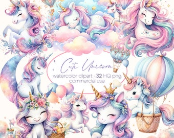 Einhorn-Aquarell-Clipart, süßes Einhorn, Einhorn-Png, Baby-Einhorn, Aquarell süßes Kawaii-Einhorn-Clipart-Bundle