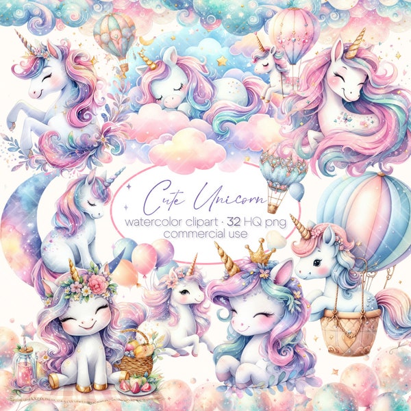 Unicorn Watercolor Clipart, Cute Unicorn, Unicorn Png,  Baby Unicorn, Watercolor Cute Kawaii Unicorn Clipart Bundle