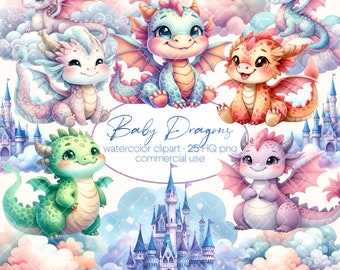 Watercolor Dragon Clipart, Cute Dragon Clipart, Dragon Kingdom, Pastel Baby Dragons PNG, Fantasy Clipart Bundle, Pastel Dragon Clipart