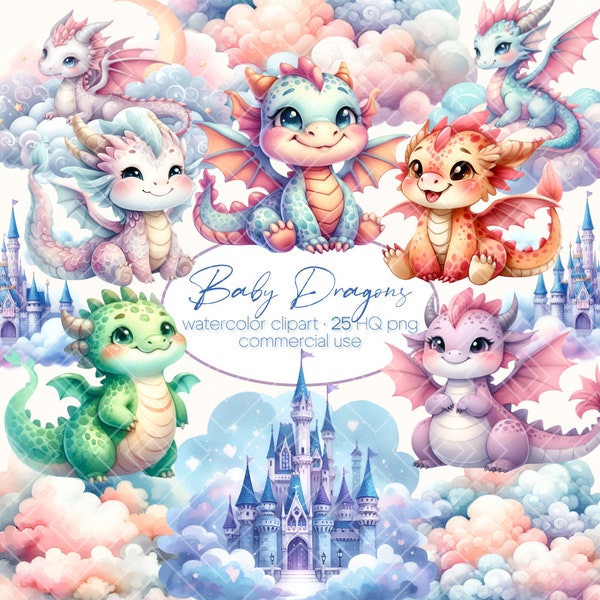 Watercolor Dragon Clipart, Cute Dragon Clipart, Dragon Kingdom, Pastel Baby Dragons PNG, Fantasy Clipart Bundle, Pastel Dragon Clipart