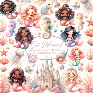 Bundle de cliparts sirène, aquarelle mignon sirène Clipart png, mignons animaux marins PNG, méduse, hippocampe
