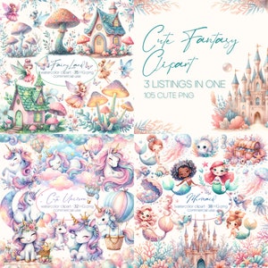 Sirène aquarelle, jardin de fées, lot de cliparts licorne, lot de cliparts fantastique, mignons animaux marins PNG, jolie licorne, fées PNG