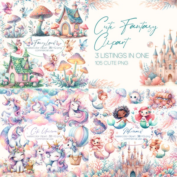Watercolor Mermaid, Fairy Garden, Unicorn Clipart Bundle, Fantasy Clipart Bundle, Cute Sea Animals PNG, Cute Unicorn, Fairies PNG