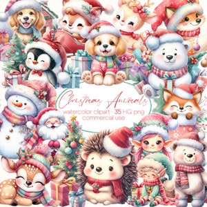 Paquete de imágenes prediseñadas de animales navideños en acuarela, lindos animales navideños en acuarela, imágenes prediseñadas de animales bebés navideños, lindos animales PNG