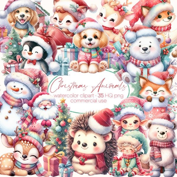 Christmas Animals Watercolor Clipart Bundle, Cute Watercolor Christmas Animals, Christmas baby animals clipart, Cute animals PNG