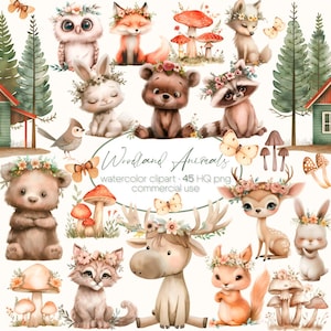 Imágenes prediseñadas de animales lindos del bosque, animales bebés, imágenes prediseñadas de bosque boho, imágenes prediseñadas de baby shower de bosque, animales del bosque boho, guardería de bosque