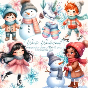 Children Winter Wonderland Clipart, Children Winter Clipart, Children playing in Snow, Kids Winter Clipart, Ice Skating