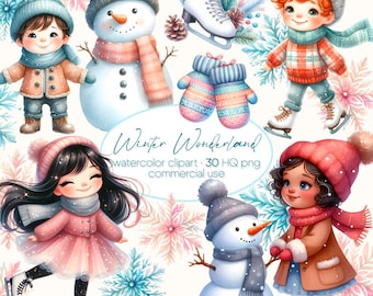 Children Winter Wonderland Clipart, Children Winter Clipart, Children playing in Snow, Kids Winter Clipart, Ice Skating