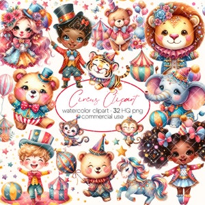 Clipart cirque, clipart aquarelle, faire-part de cirque, éléphant, tigre, lion, singe, décoration de chambre d'enfant, baby shower à imprimer, anniversaire de cirque