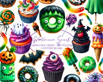 Watercolor Halloween Sweets Clipart: 36 PNG Illustrations (Digital Download)