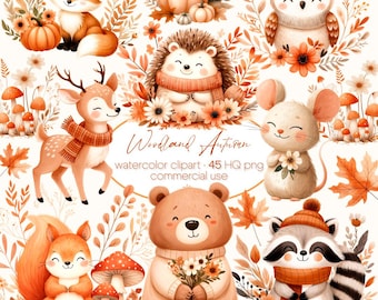 Watercolor Autumn Animals Clipart Bundle: Fox, Bear, Deer (Digital Download)