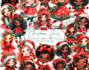 Christmas Girl PNG Clipart, Christmas Cute Girl, Cute doll clipart, Watercolor clipart, Holiday clipart, Christmas Png