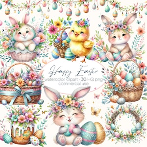 Bundle de cliparts de Pâques aquarelle, clipart printemps, lapin de Pâques, oeuf de Pâques, panier de Pâques PNG, joyeuses Pâques png, clipart tulipe