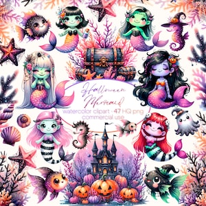 Clipart de sirène d'Halloween, aquarelle mignon sirène Clipart png, mignons animaux marins PNG, méduse, hippocampe