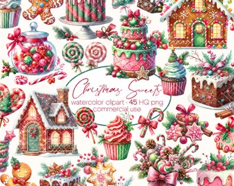 Clipart de dulces de Navidad, dulces de Navidad de acuarela, bastón de caramelo PNG, cupcake de Navidad, piruleta, imágenes prediseñadas de dulces de Navidad