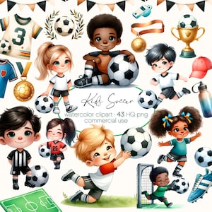 Paquete de imágenes prediseñadas de fútbol, imágenes prediseñadas de acuarela, niños, trofeo, equipo, fútbol PNG de acuarela, imágenes prediseñadas de deportes, camiseta, botas, pelota